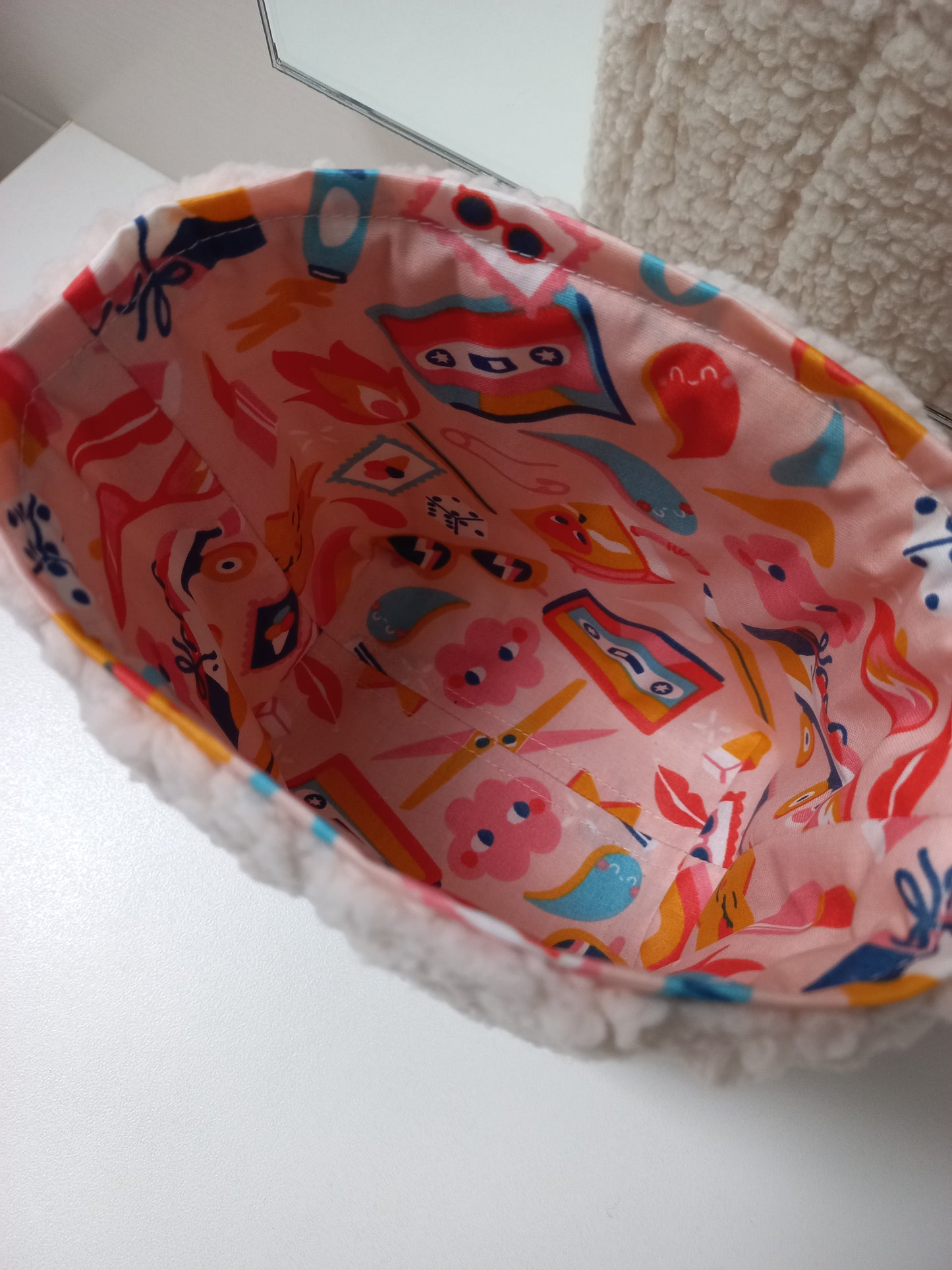 Panier tissu sherpa et coton enduit