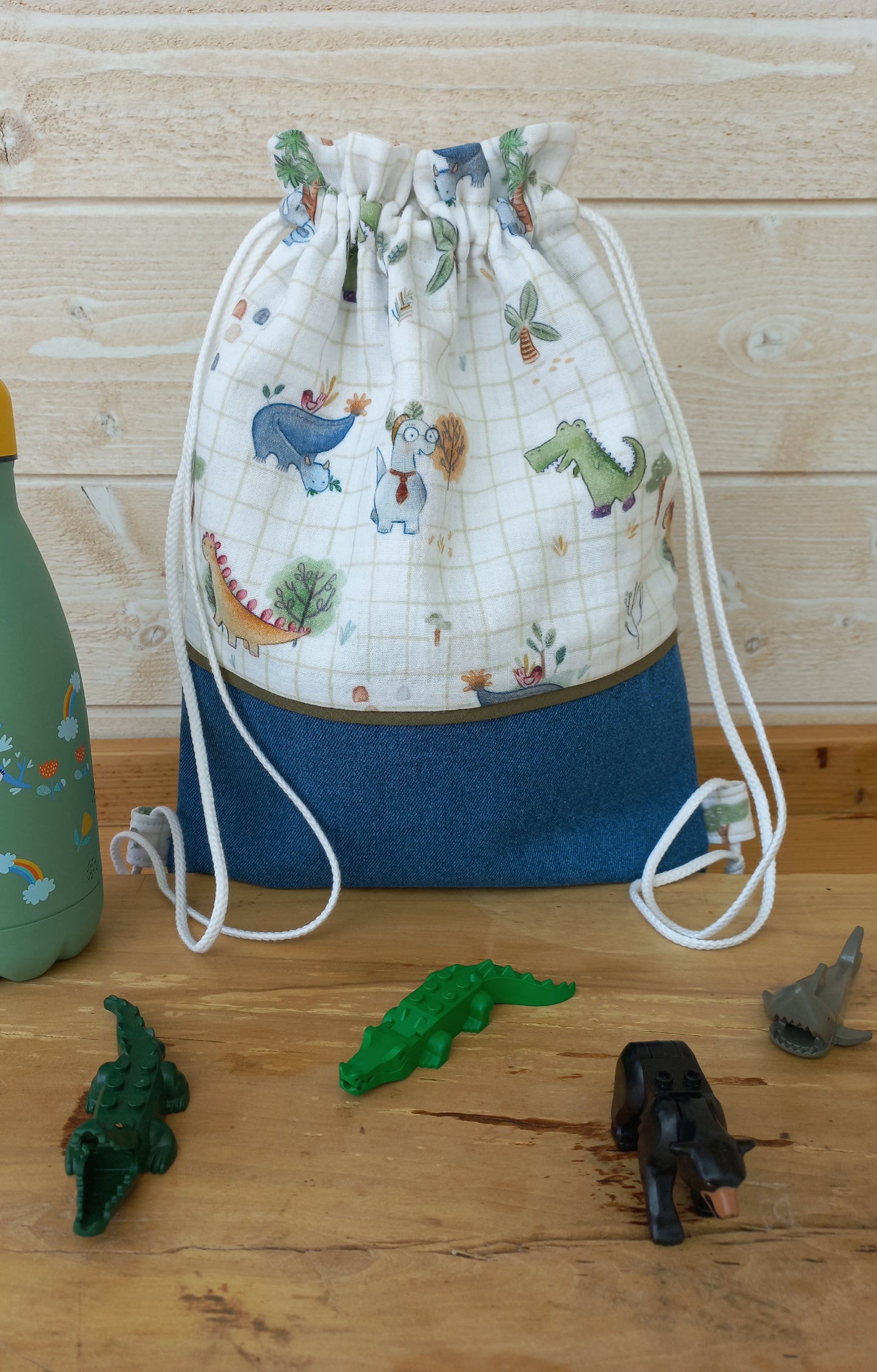 Sac à dos / Sac pochon jean et dinosaures