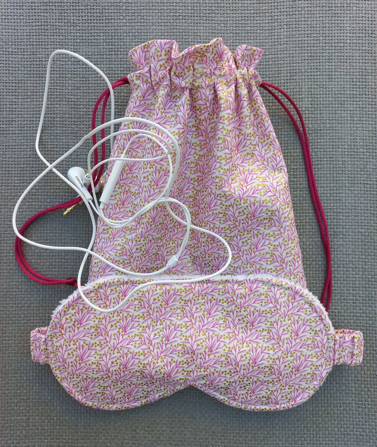 Ensemble masque de nuit et sac assortis feuillage rose